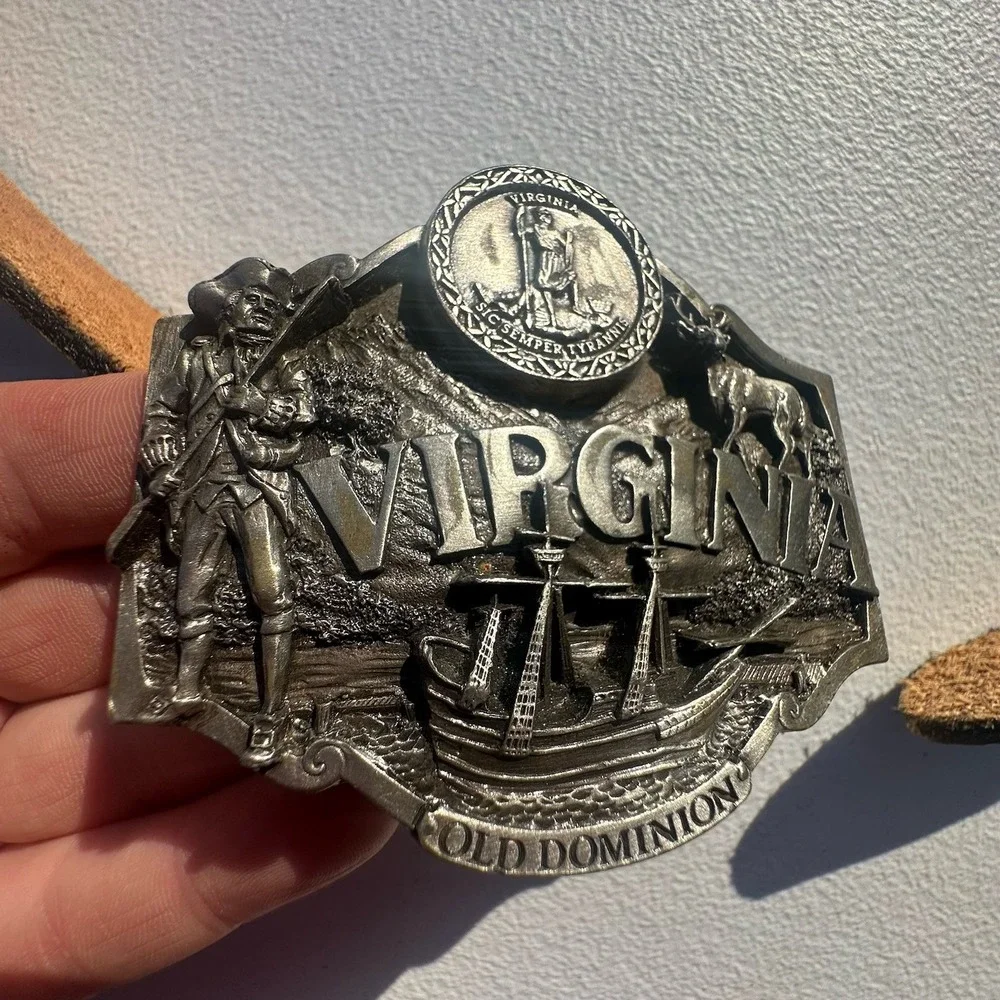 Vtg 1987 Belt Buckle - Virginia Old Dominion - Enameled Top Grain Tooled 38 Belt